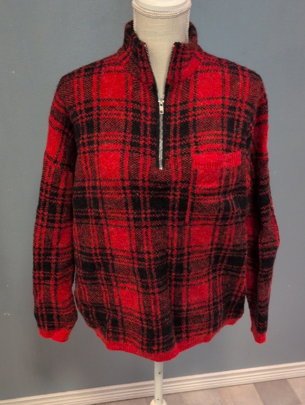 Entro Mohair Blend Buffalo Check Plaid Boxy Quarter Zip Cropped MockNeck Sweater